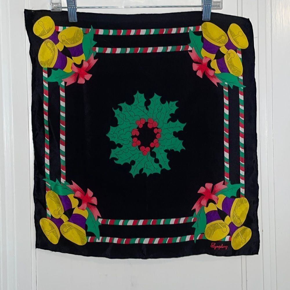 Vintage Symphony Christmas scarf‎ with holly berry wreath & gold bells